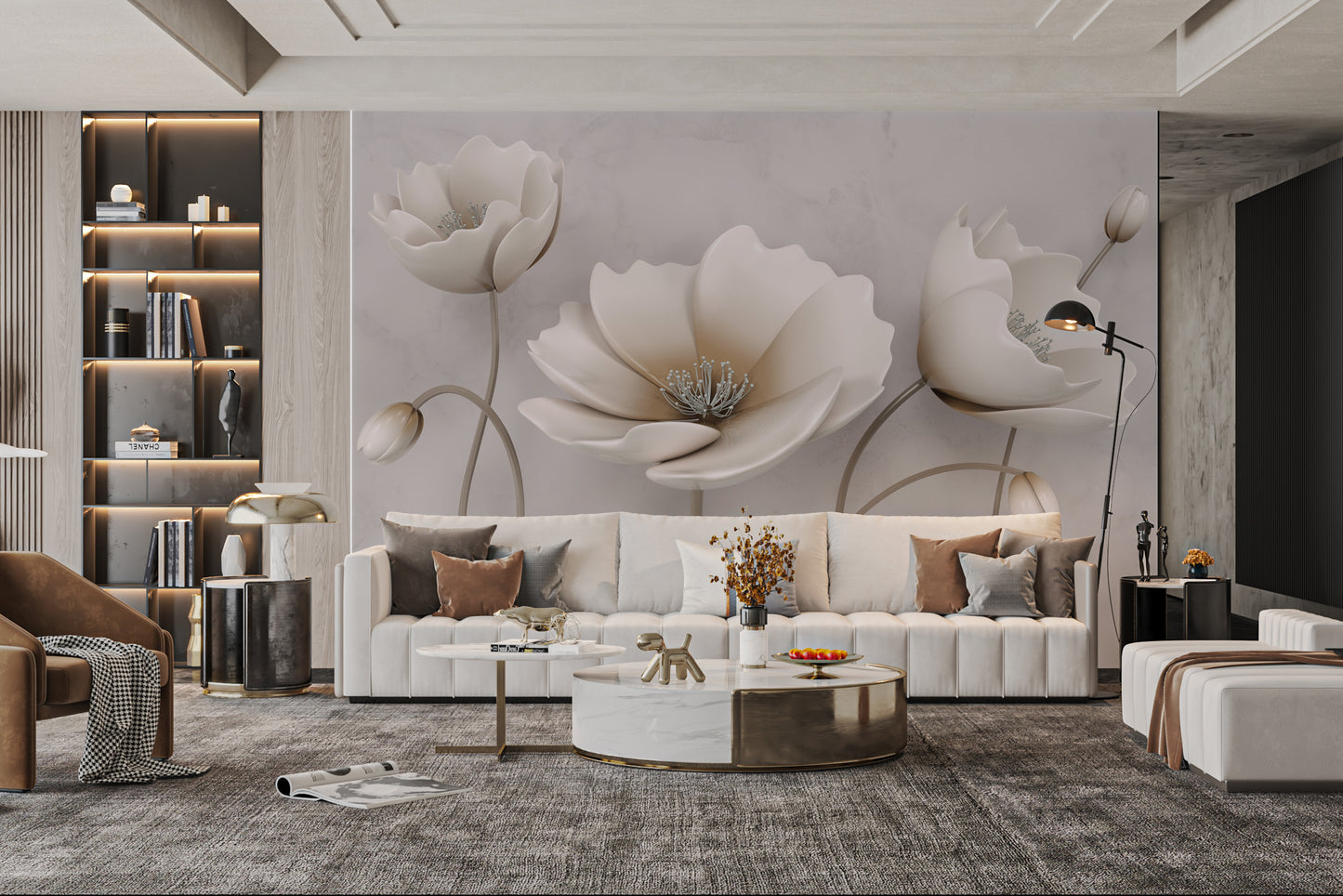 Modern white flower wallpaper with 3D effect