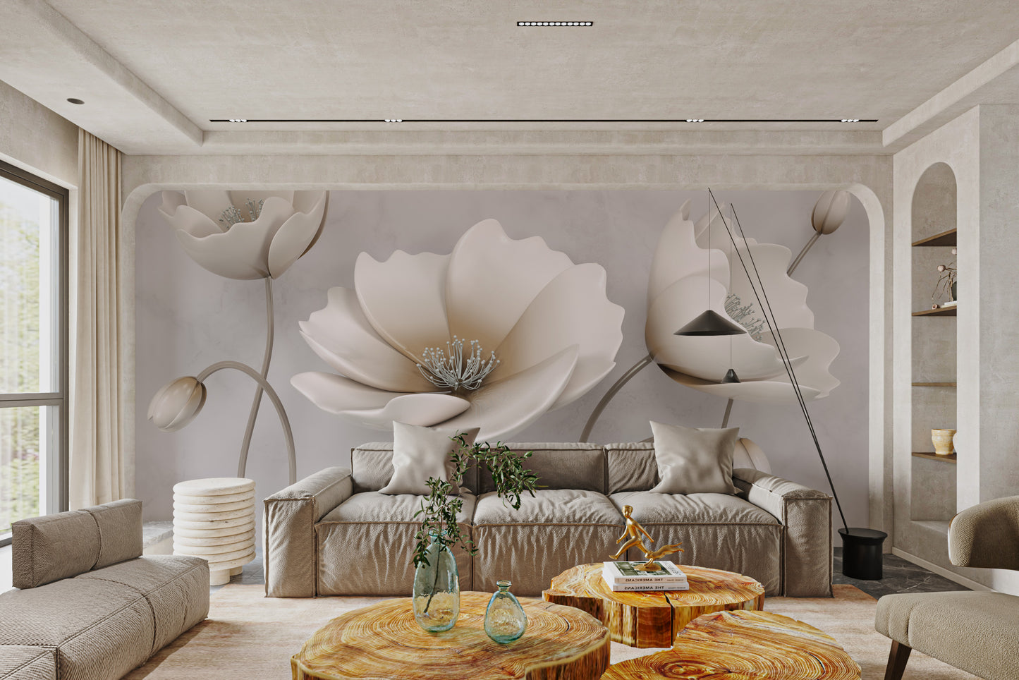 3D white floral wallpaper with marble background