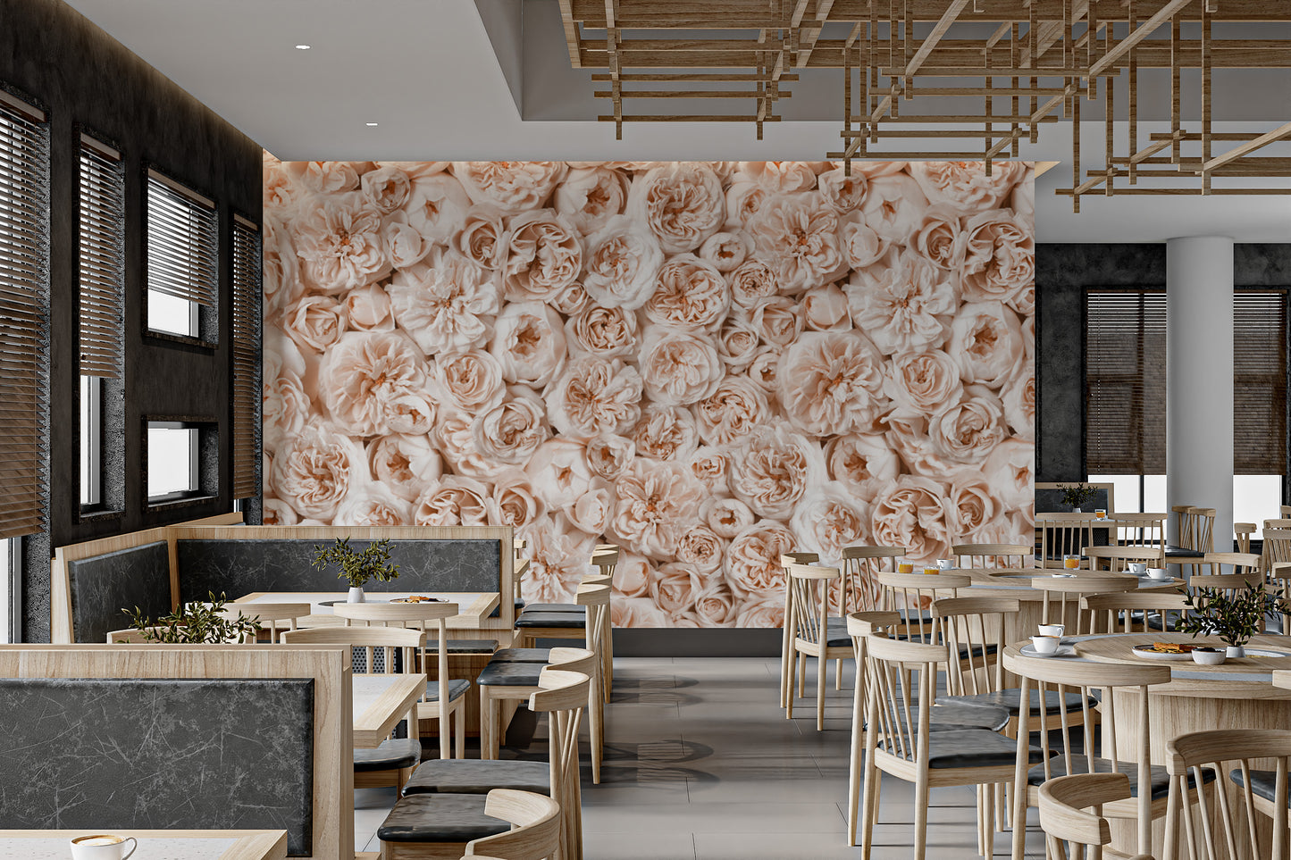 Blush pink floral wall mural with detailed roses