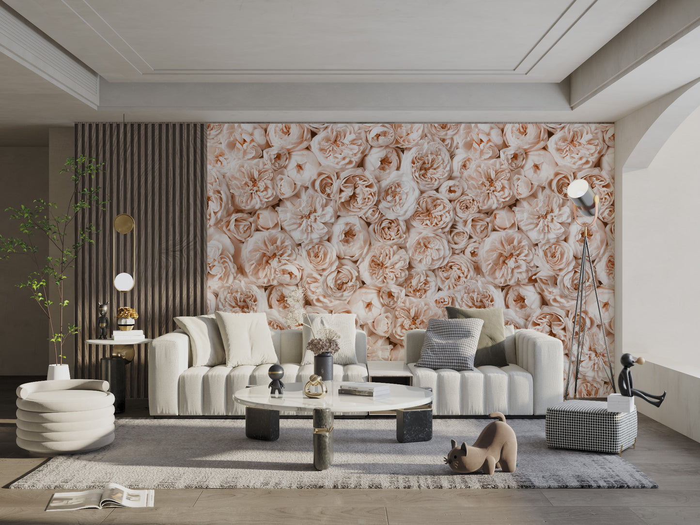 Classic floral wallpaper with soft peach flower tones
