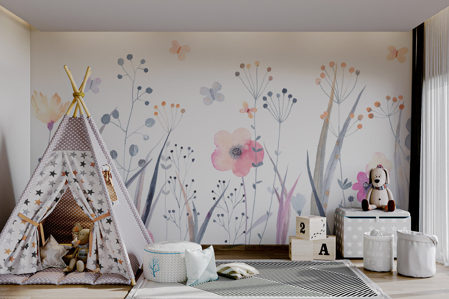 Soft pastel floral wallpaper with hand-painted design