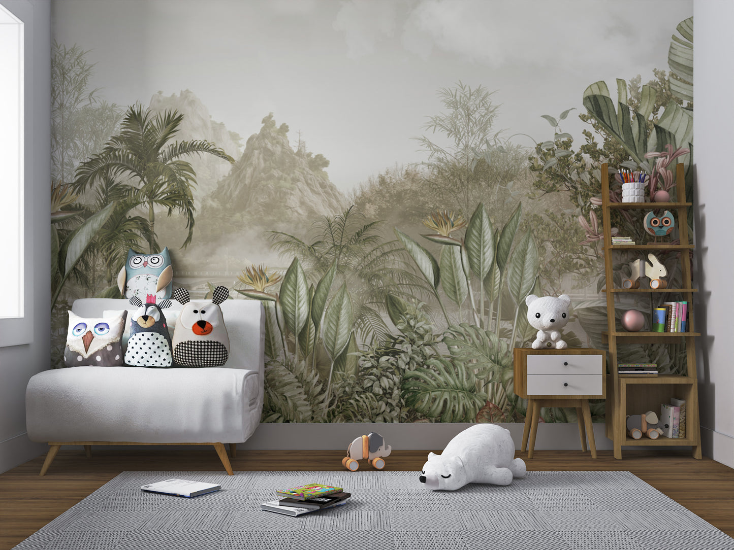 Exotic jungle wallpaper with misty mountain background