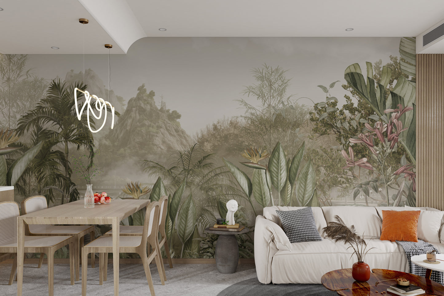 Misty rainforest wallpaper with detailed tropical foliage