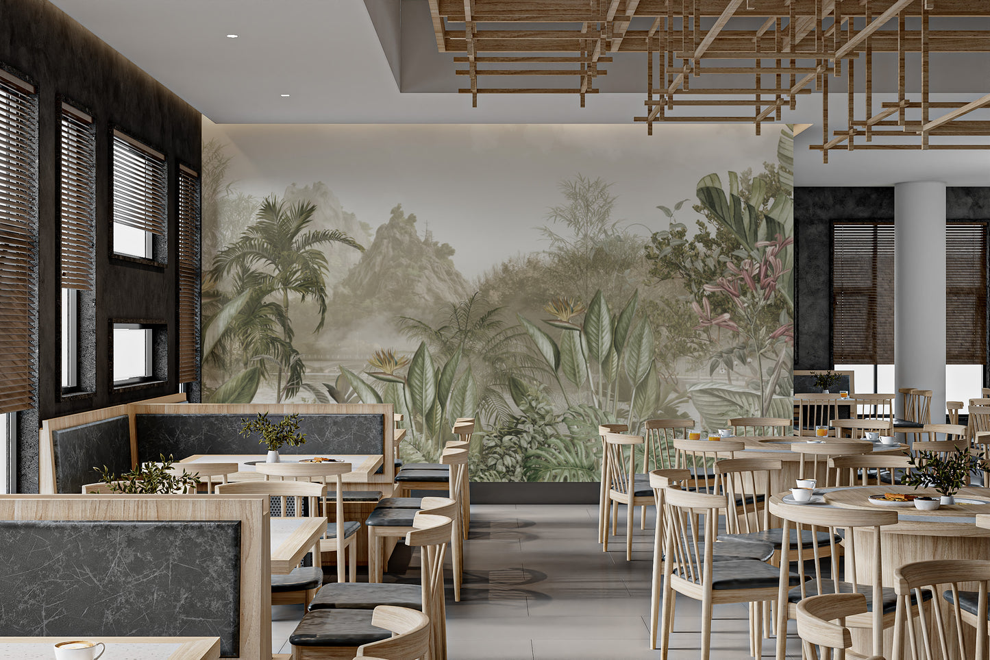 Elegant jungle wall mural with exotic floral accents