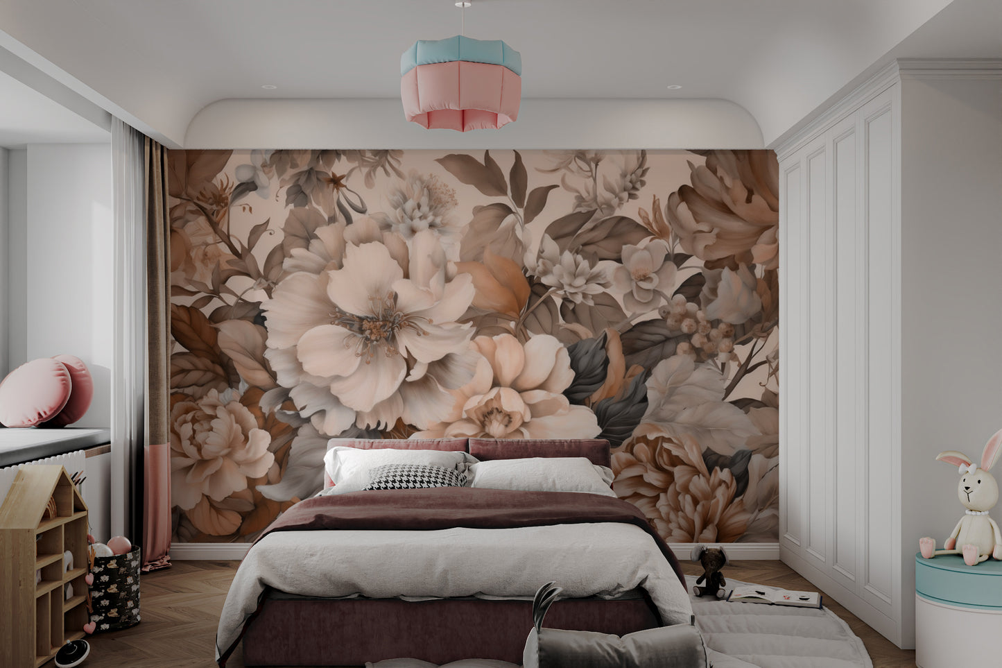 Vintage floral wallpaper with soft muted botanical tones