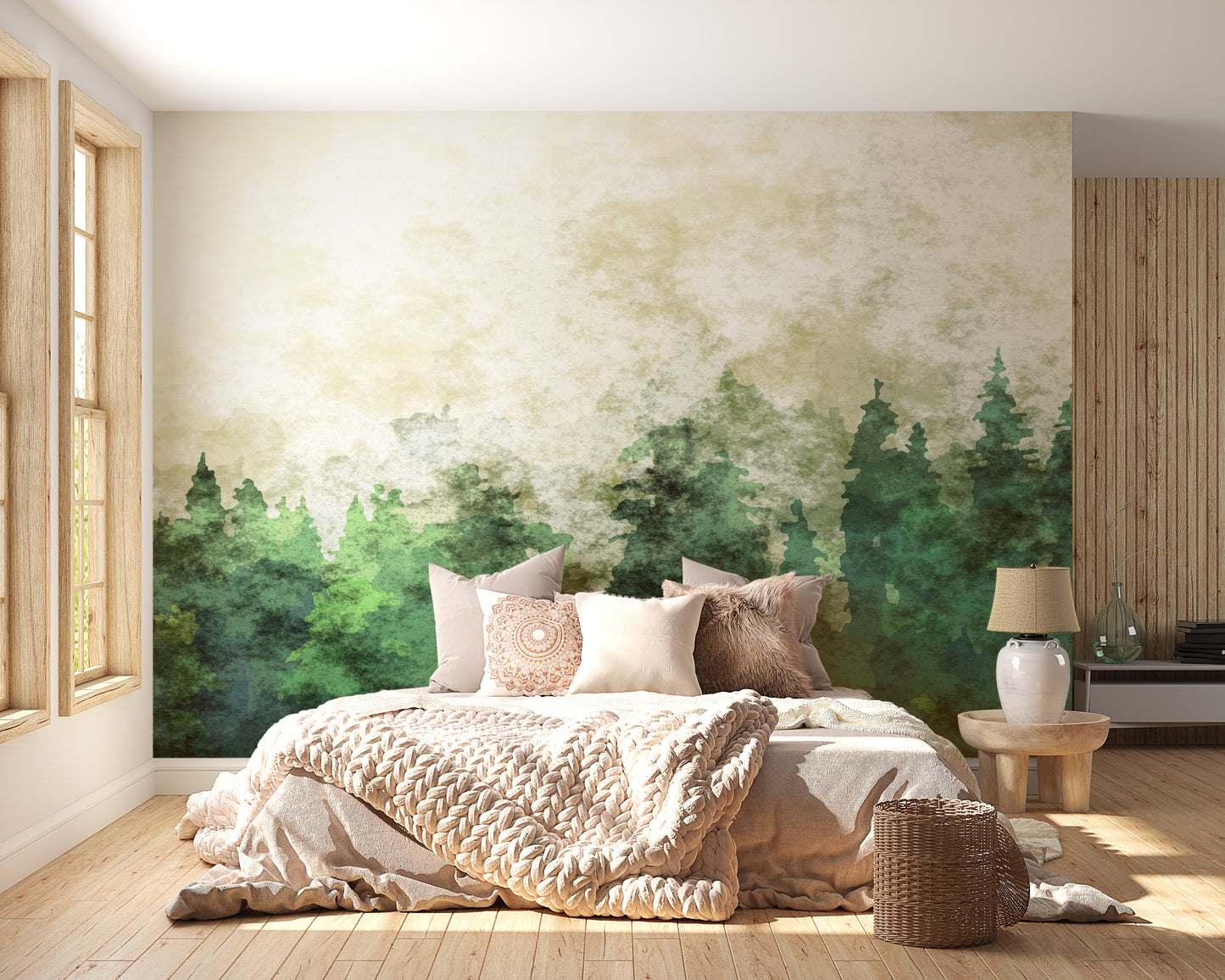 Elegant Misty Forest Watercolor Wallpaper Mural Art