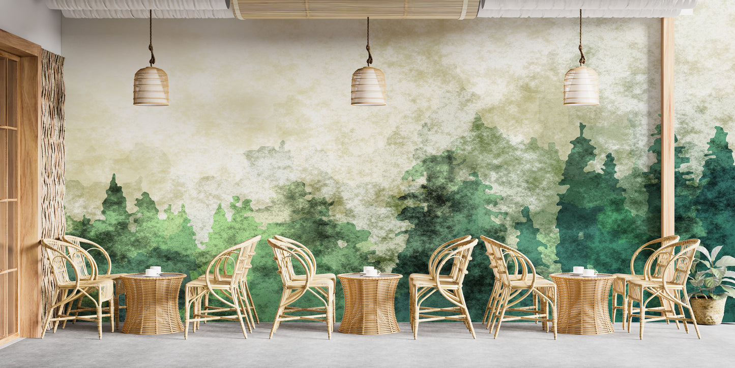 Elegant Misty Forest Watercolor Wallpaper Mural