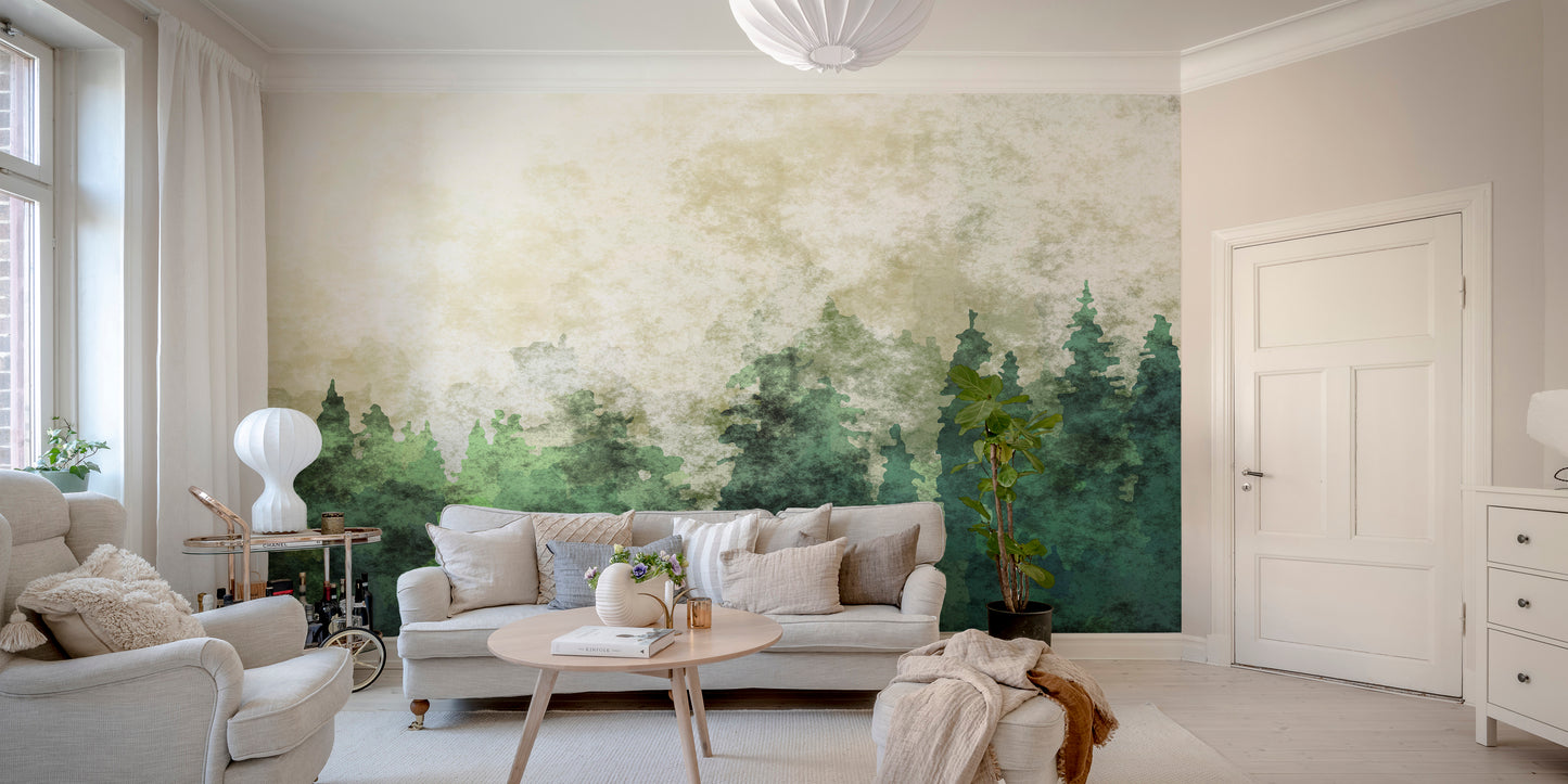 Watercolor Misty Forest Elegance Wallpaper Mural