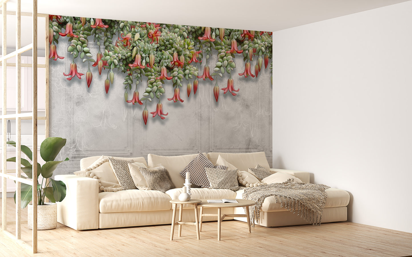 Vibrant Tropical Blooms on Concrete Wallpaper Mural