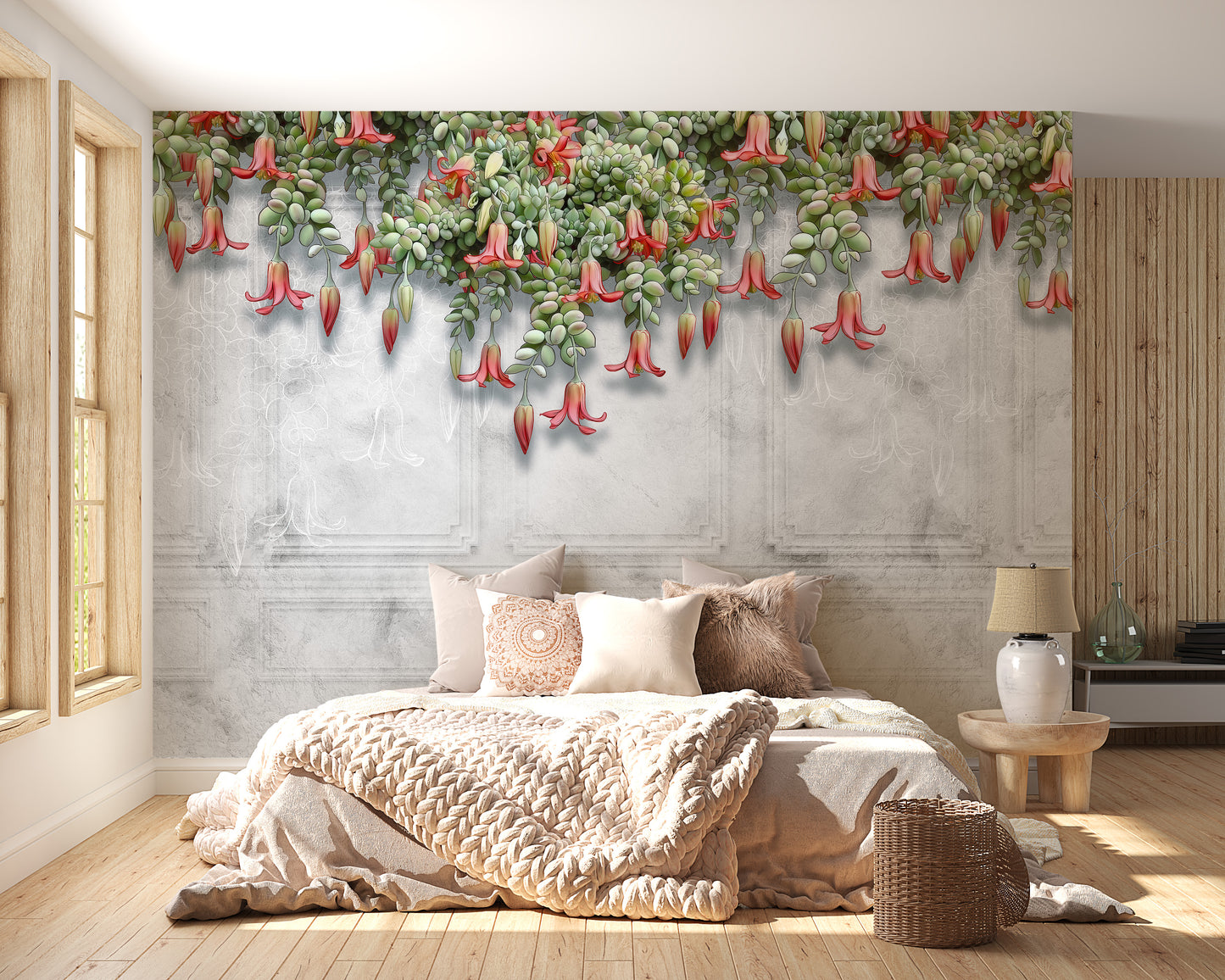 Bold Tropical Blooms on Concrete Wall Mural design