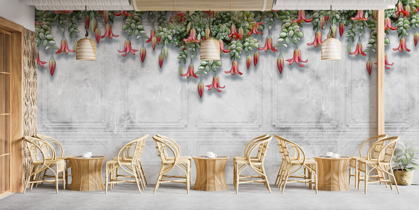 Concrete Wall Mural with vibrant Tropical Blooms