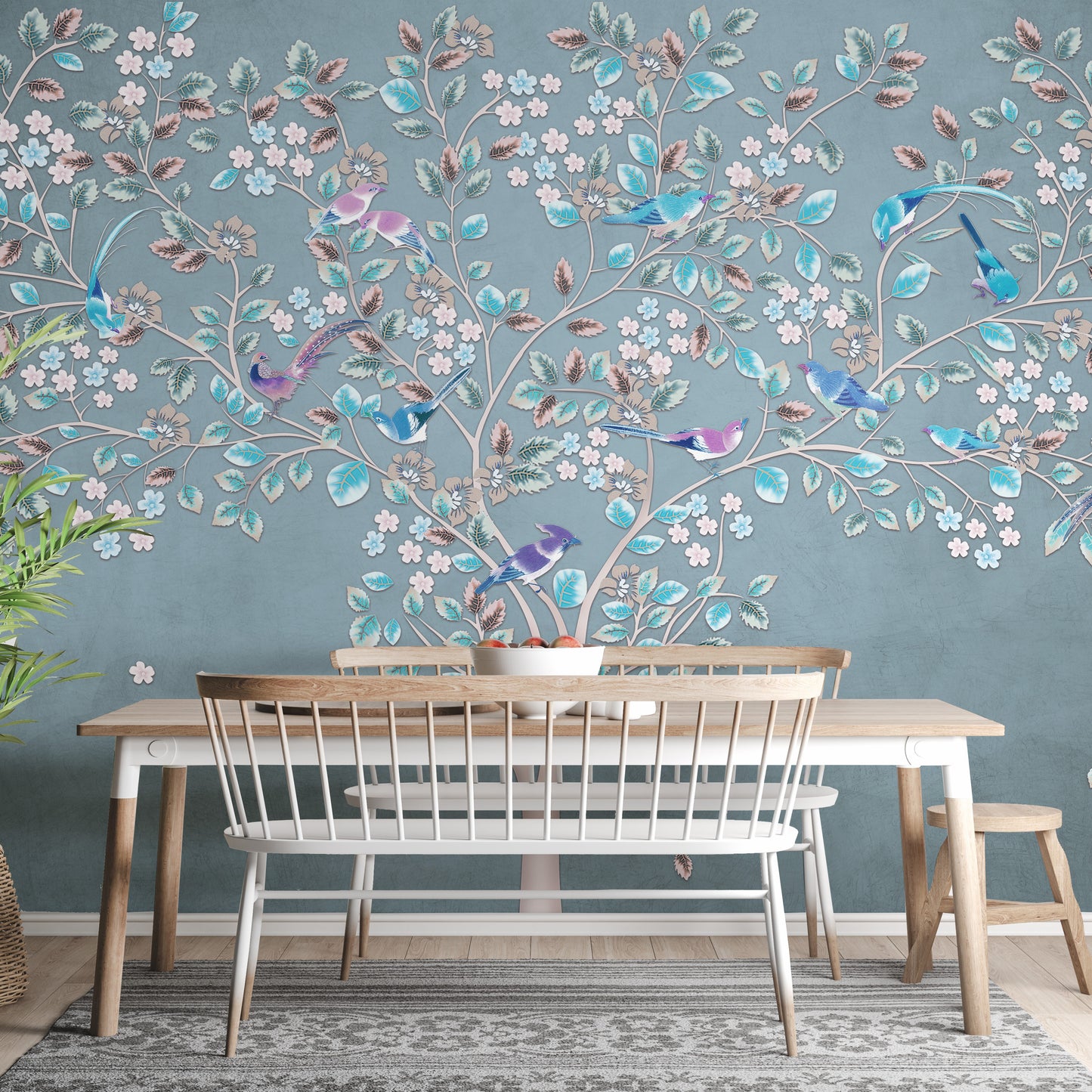 Azure Flora and Fauna Wall Mural for a calming effect