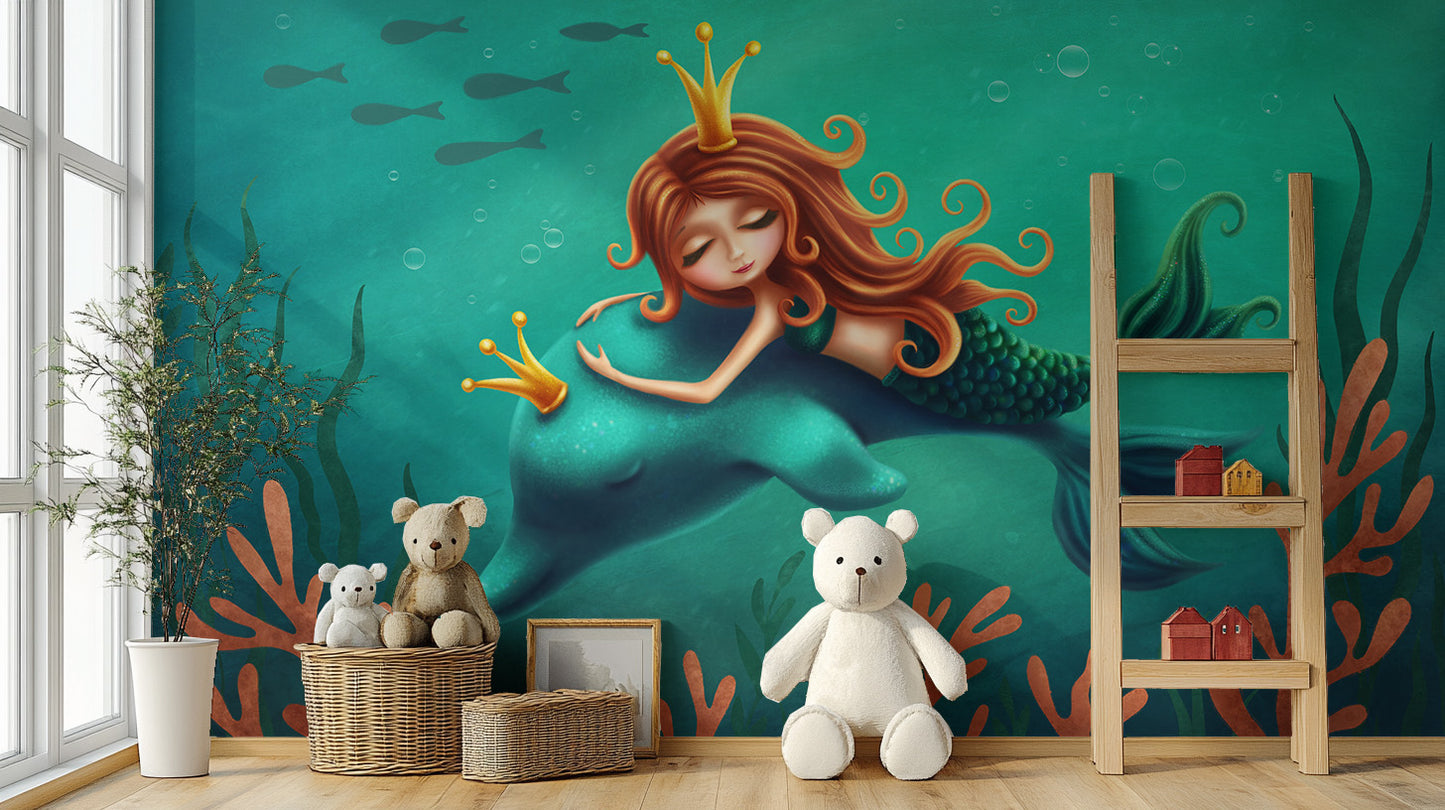Magical Mermaid and Dolphin Ride Wallpaper Mural
