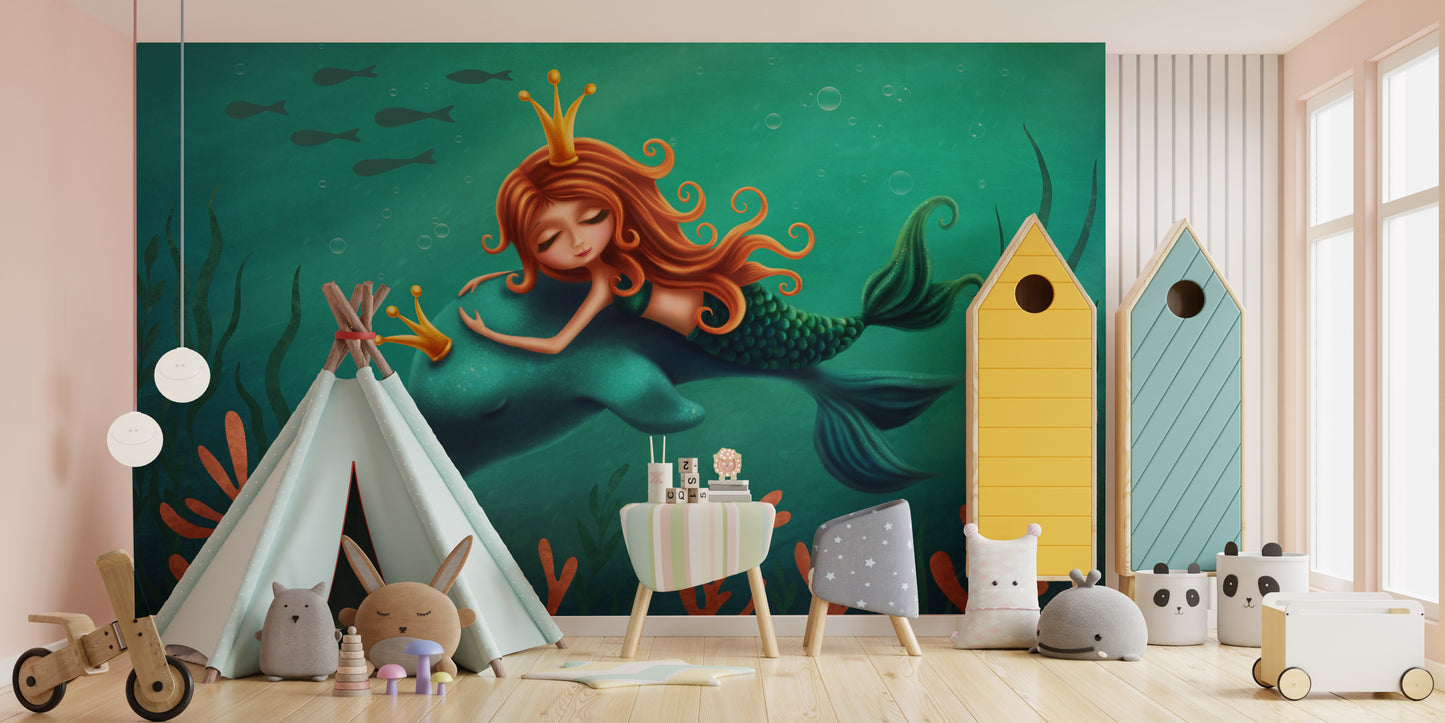 Mermaid and Dolphin Ride Wall Mural for Kids Rooms