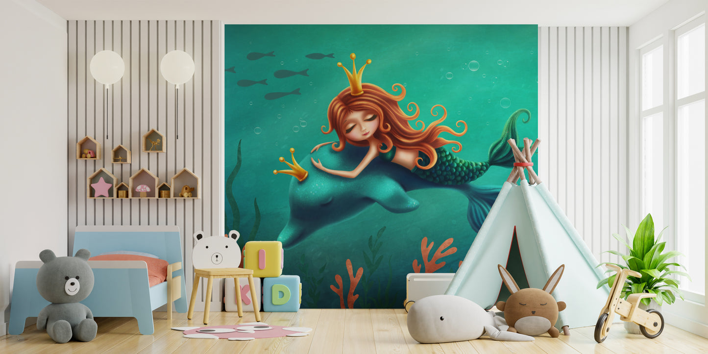 Enchanting Mermaid and Dolphin Ride Wall Mural Art