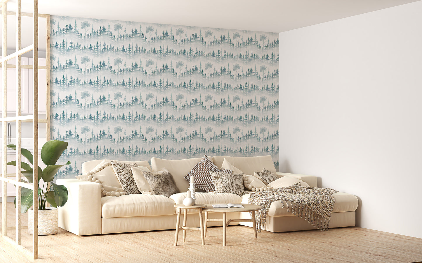 Misty White Woodland Wallpaper Mural for elegant spaces