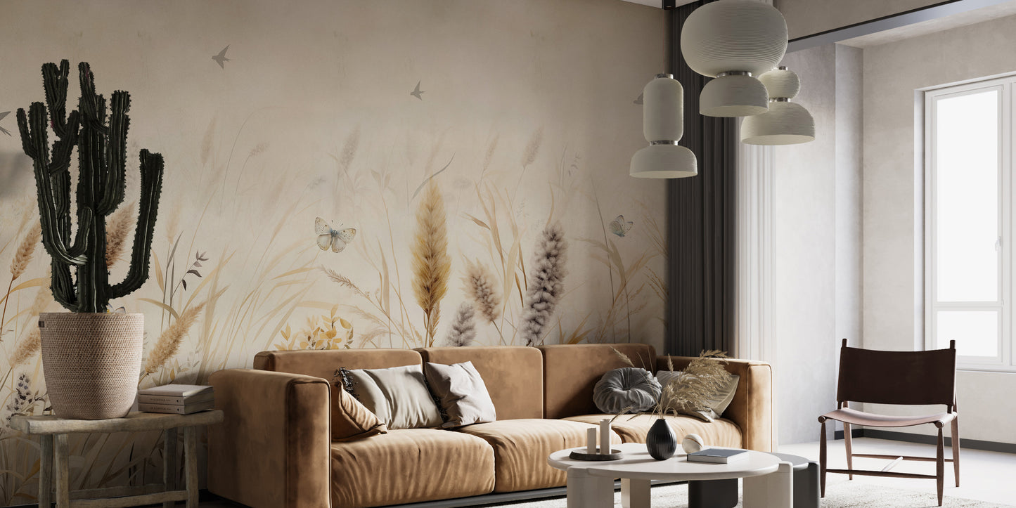 Graceful butterflies over grass mural artwork