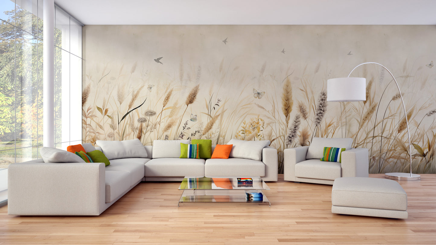 Nature-inspired mural with butterflies and grass