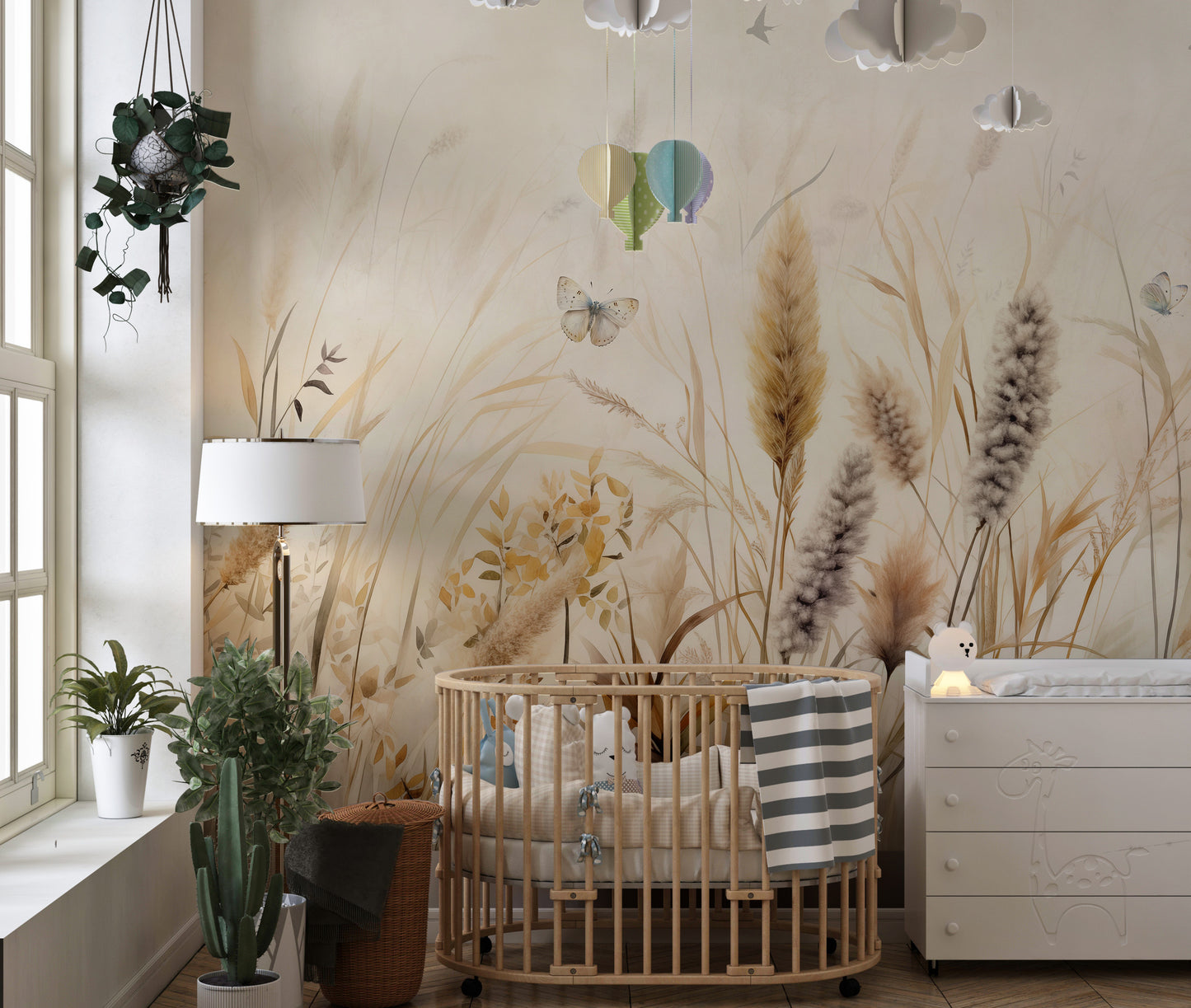 Pastoral scene with butterflies in wallpaper mural