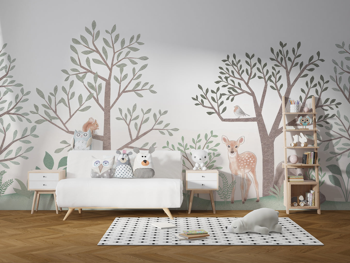 Forest mural featuring charming woodland animals