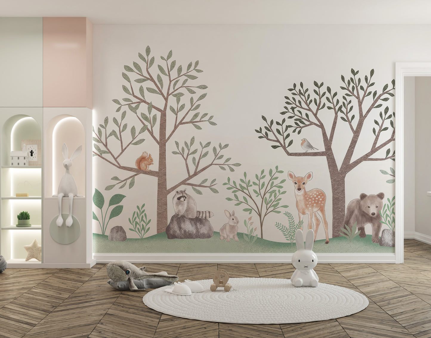 Woodland creatures mural with nature and wildlife