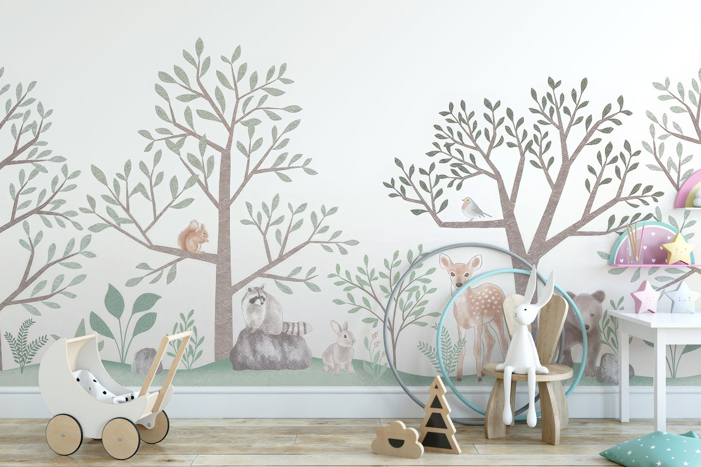 Forest scene mural with deer and woodland animals