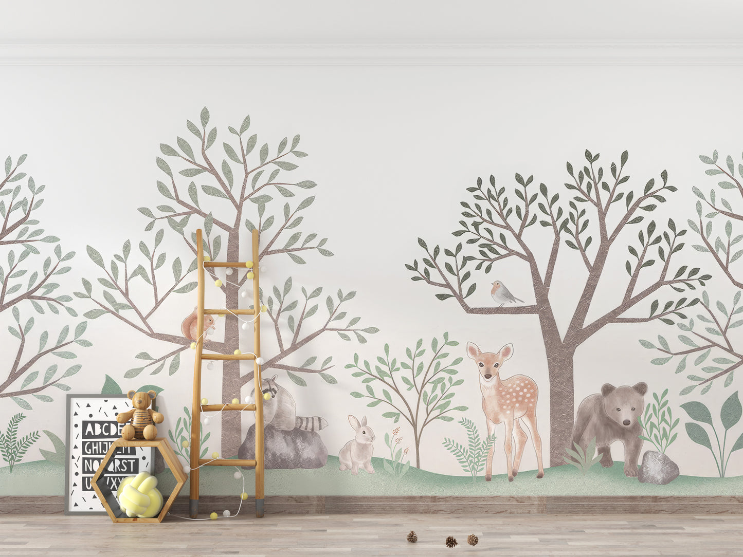 Nature-themed woodland creatures mural with trees