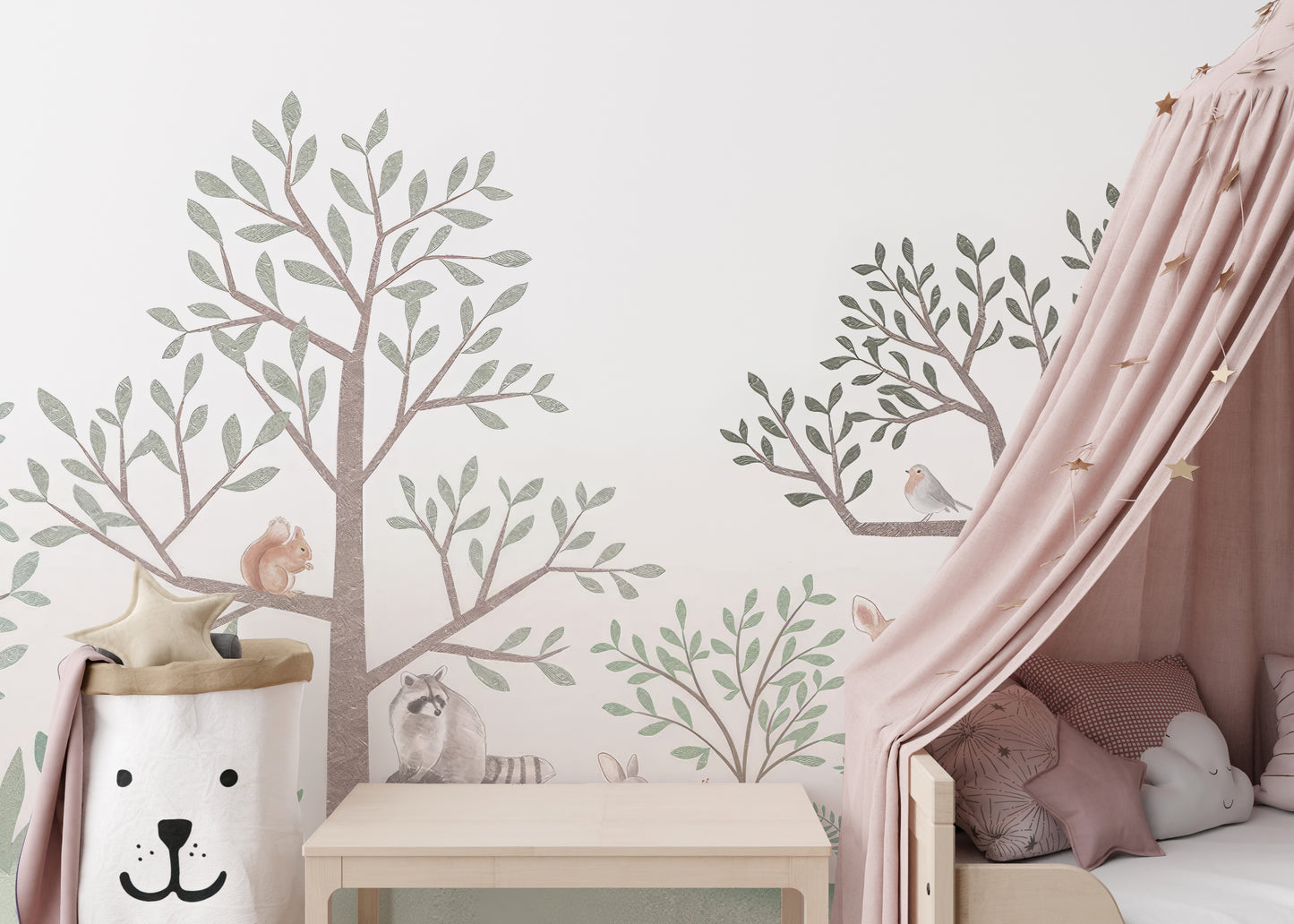 Fox and deer mural in a woodland wallpaper scene
