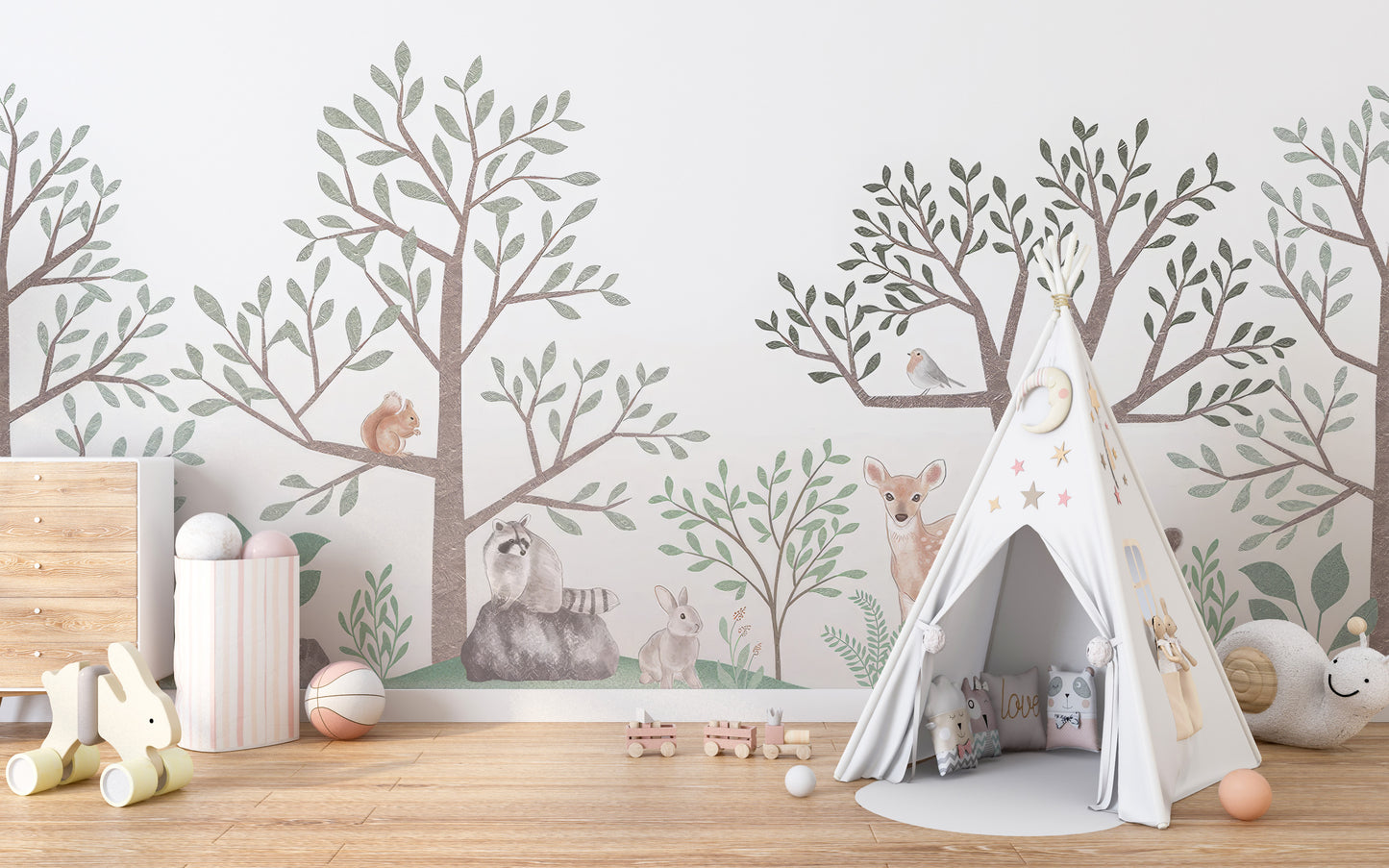 Woodland creatures wallpaper with deer and fox