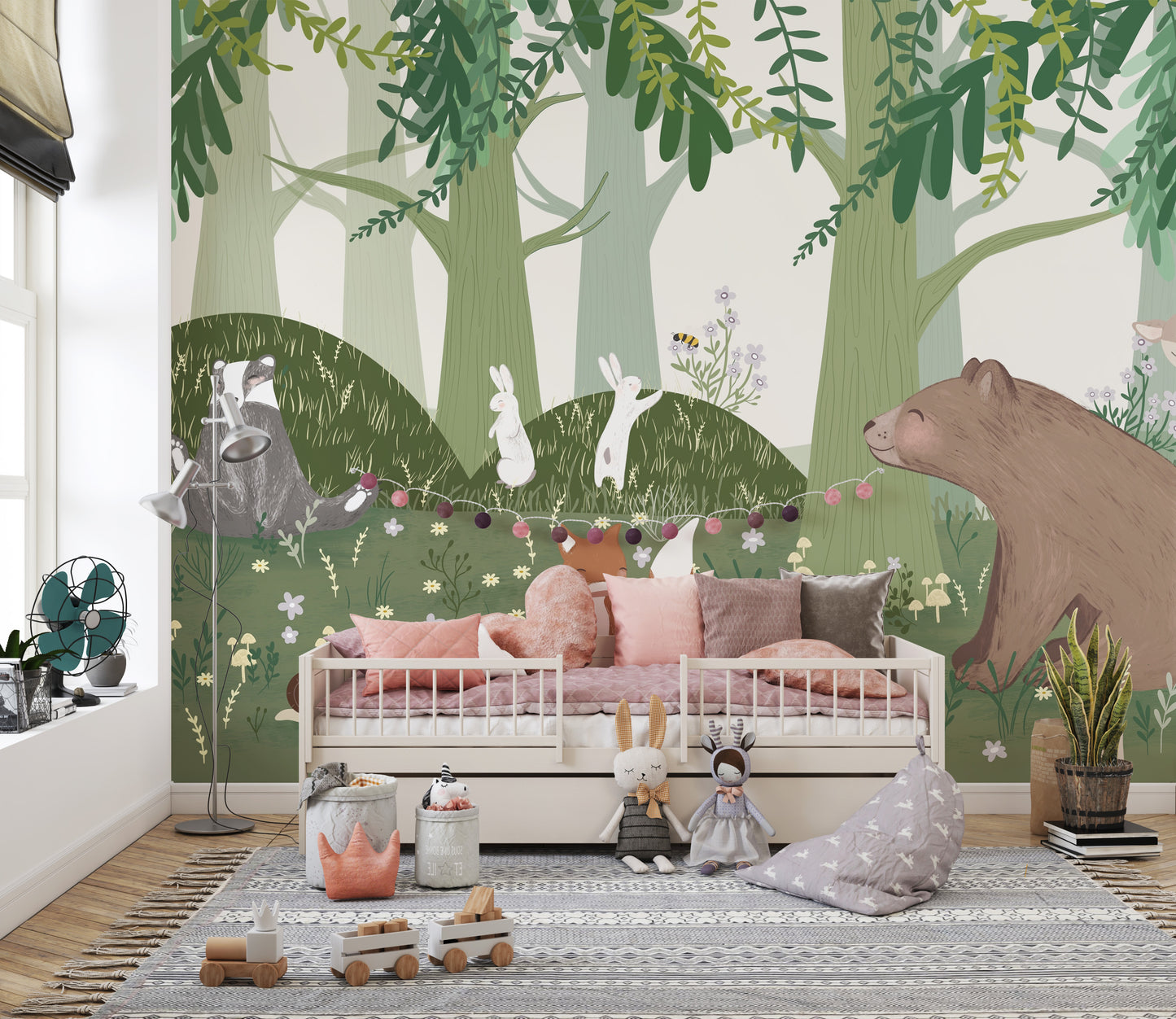 Bear family mural with glowing starry night