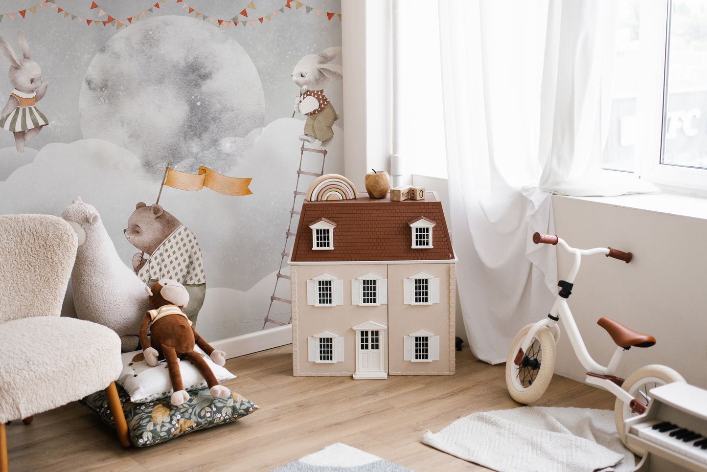Whimsical moon bears mural for walls