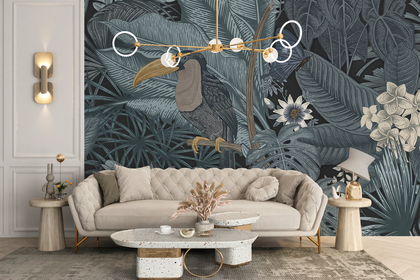 Bright toucan mural for tropical decor style