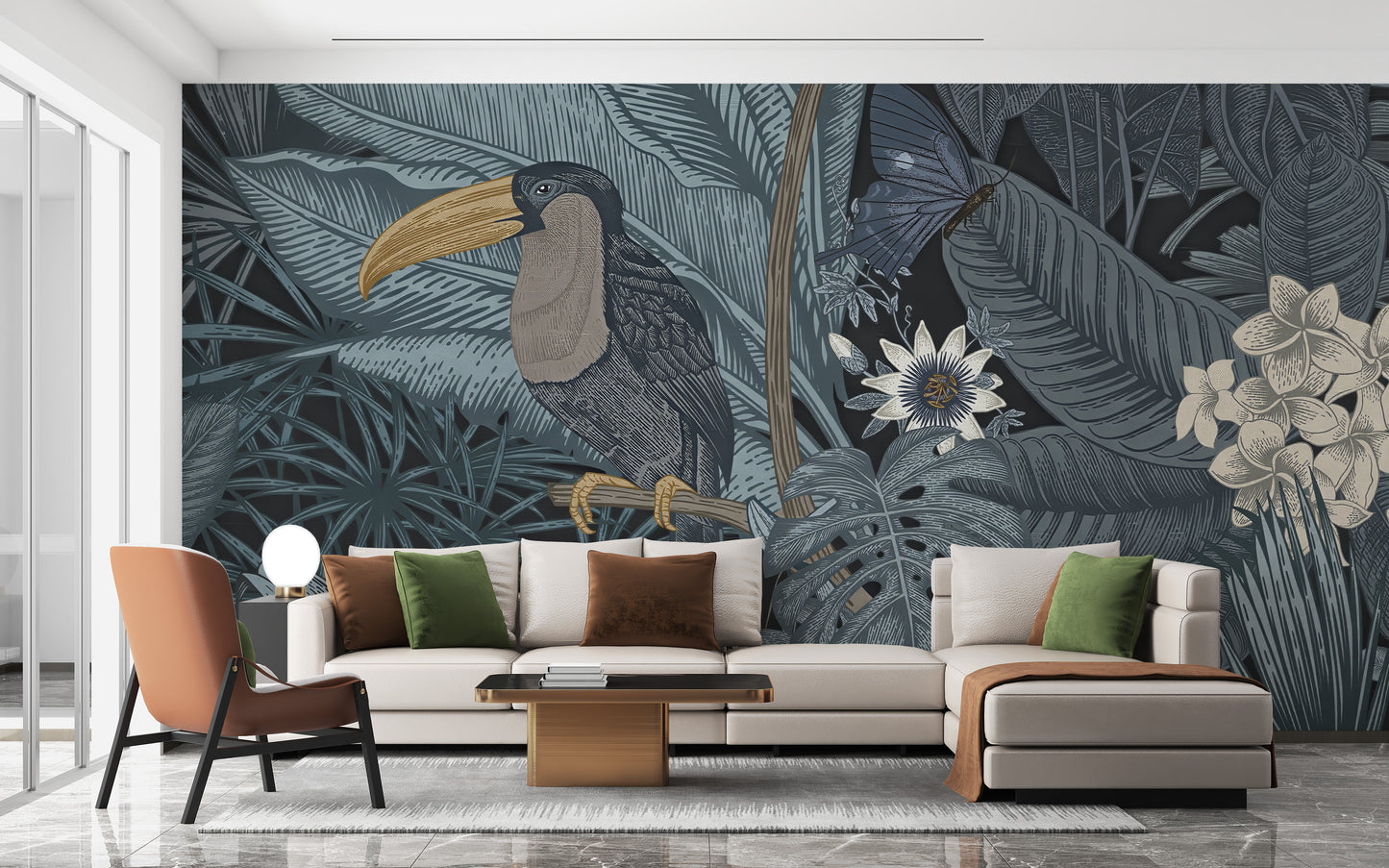 Colorful toucan mural tropical leaf design