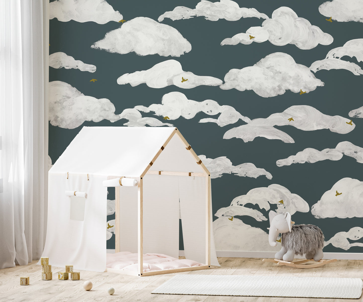 Dreamy sky wallpaper mural with soft clouds