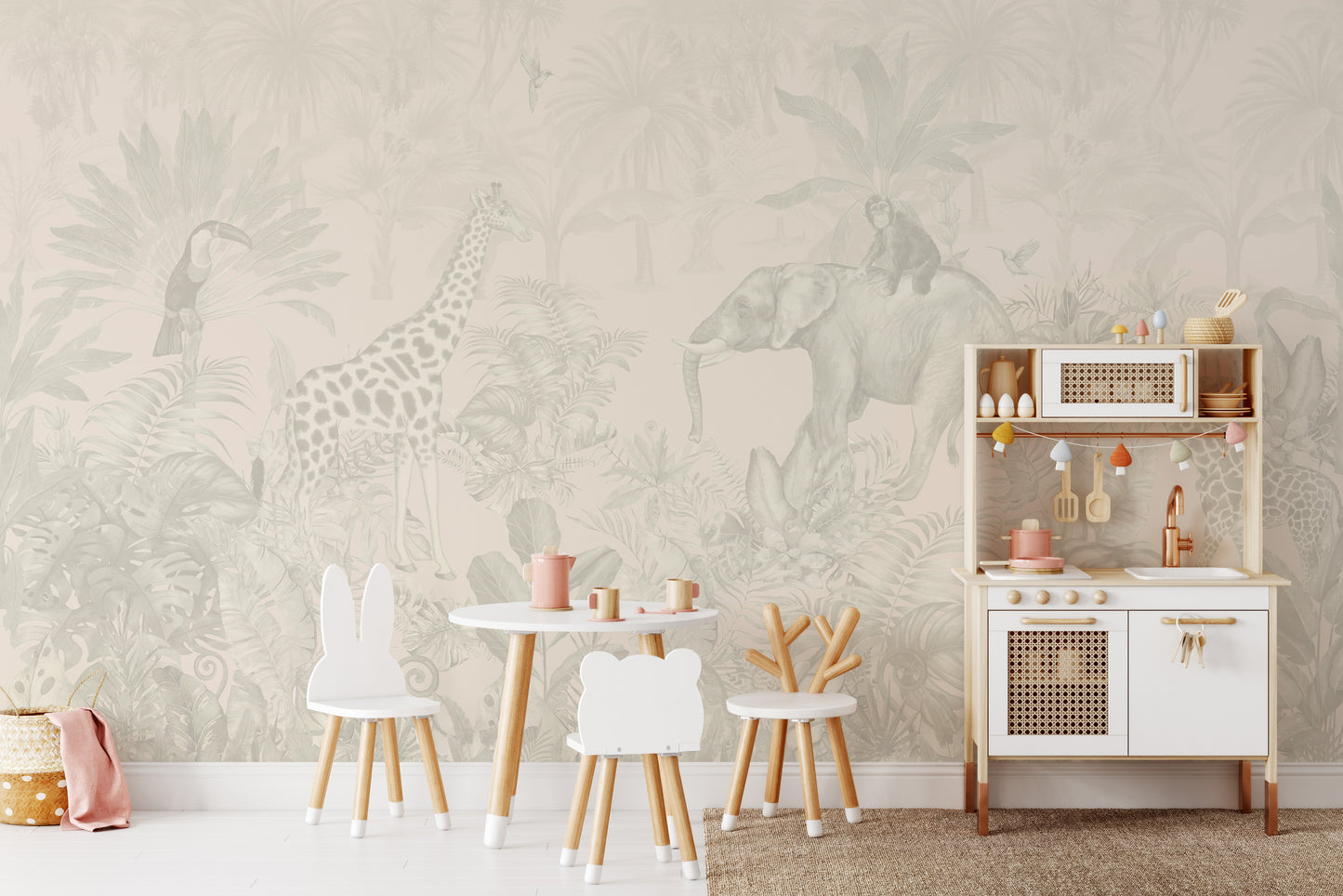 Rainforest mural with vivid plants and wildlife.