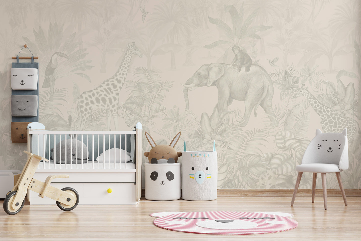 Safari-inspired wall mural with tropical foliage.