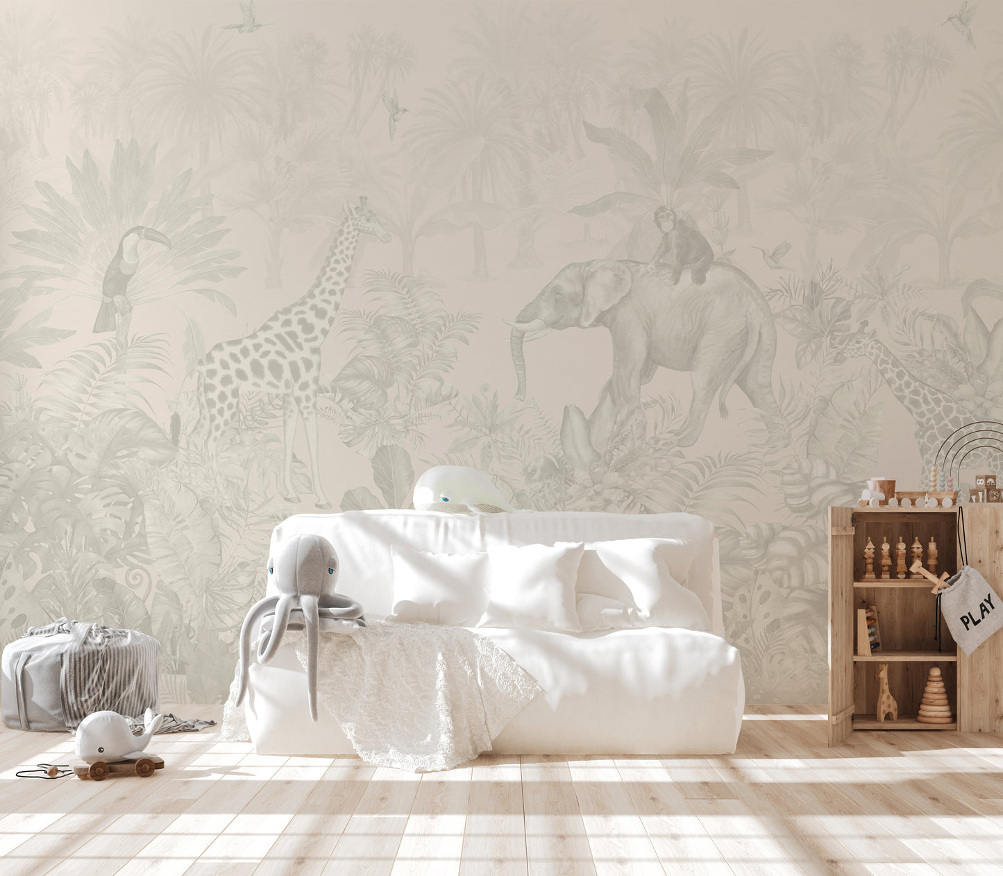Kids' room jungle mural with playful animals.