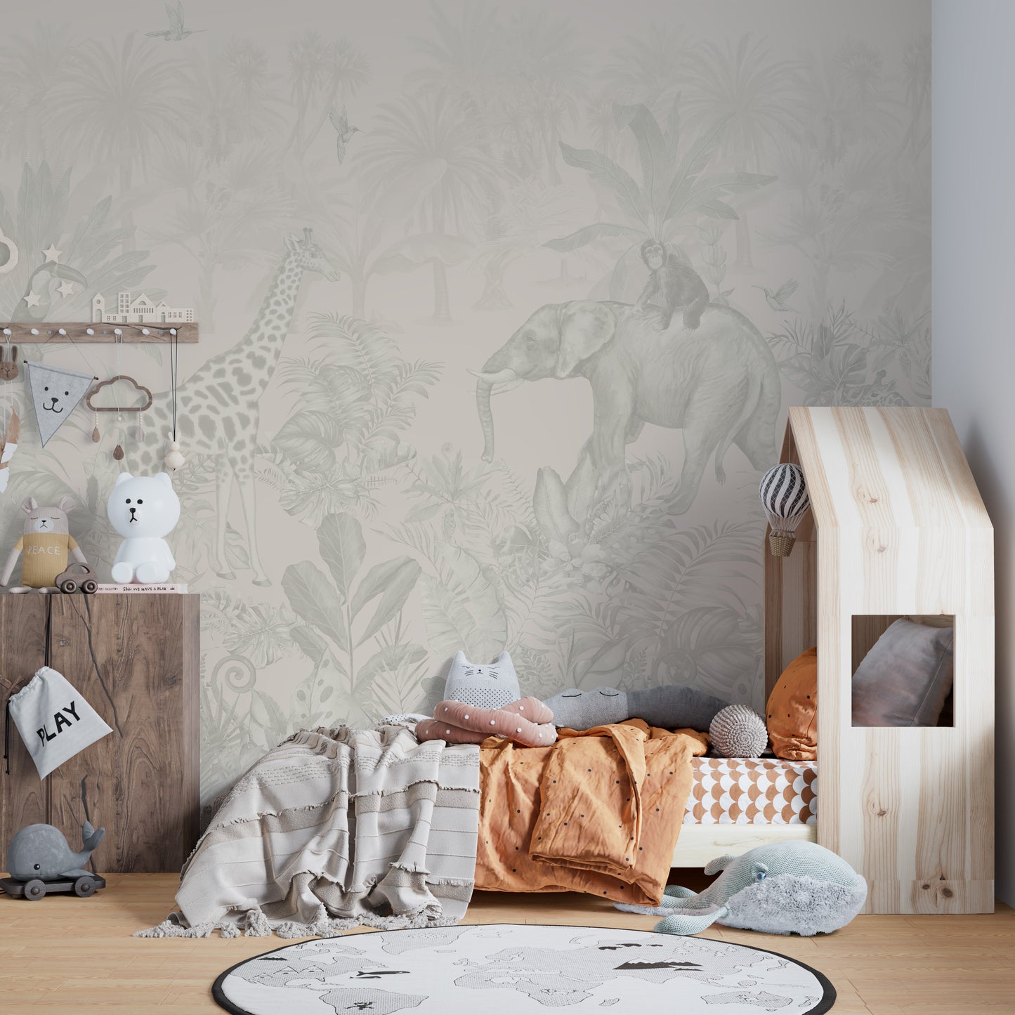 Jungle adventure wall mural with wild animals.