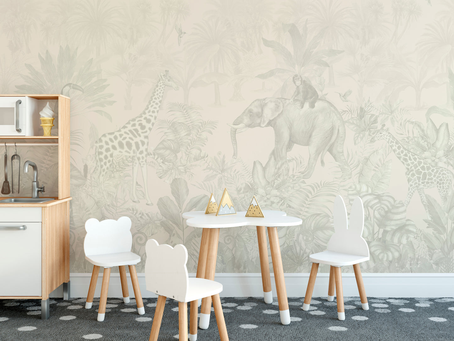Green jungle mural featuring trees and wildlife.