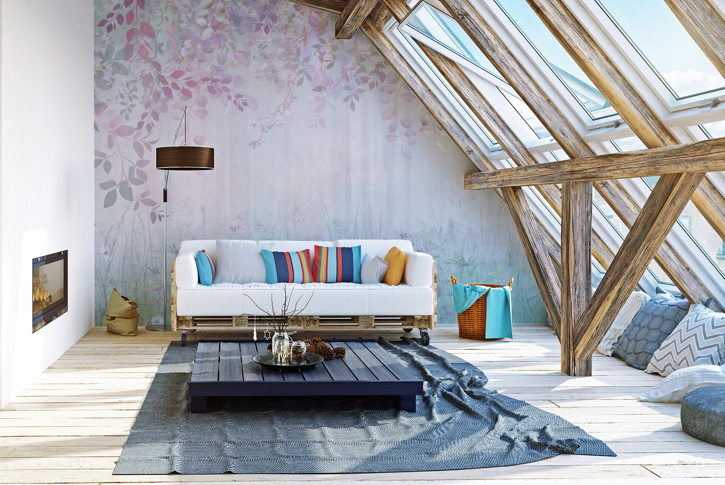 Peaceful forest mural featuring soft rainbow gradients