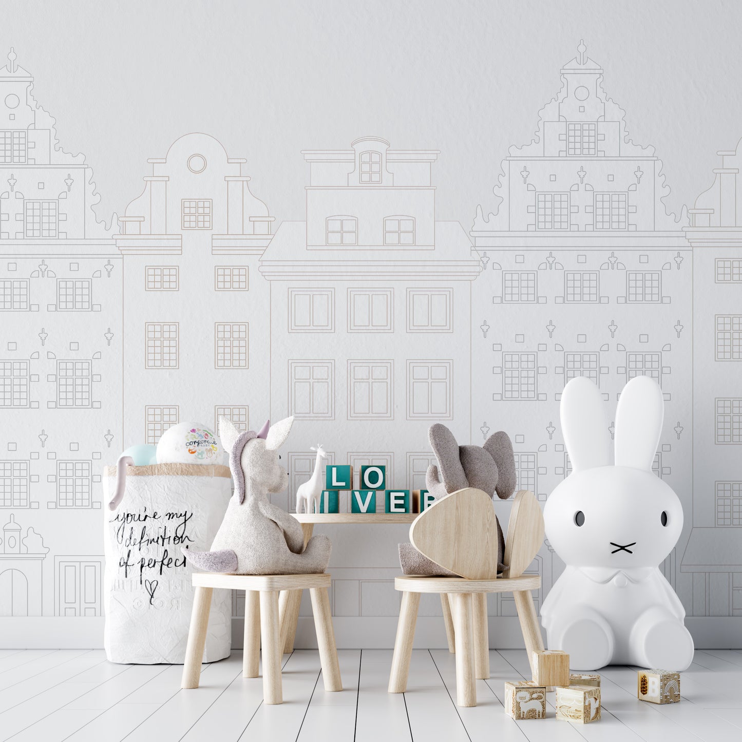 Urban skyline wall art with classic European aesthetics