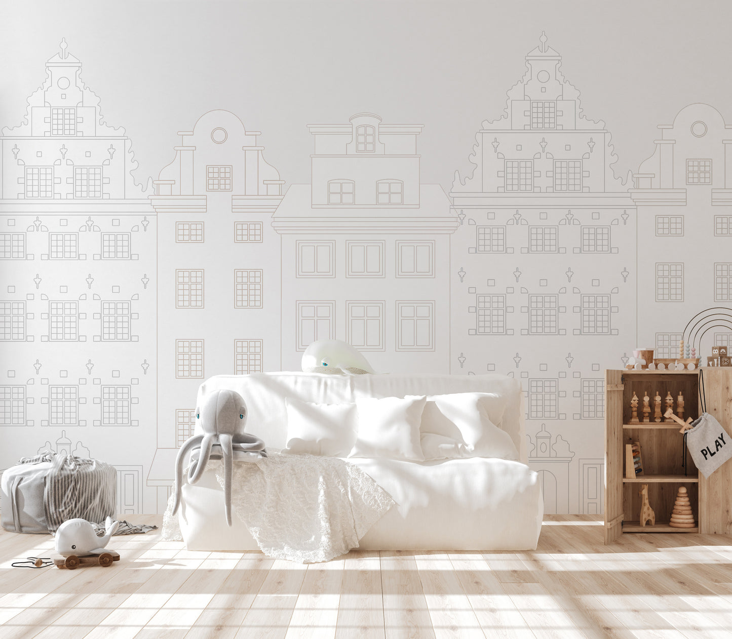 Elegant city outline wallpaper featuring vintage architecture