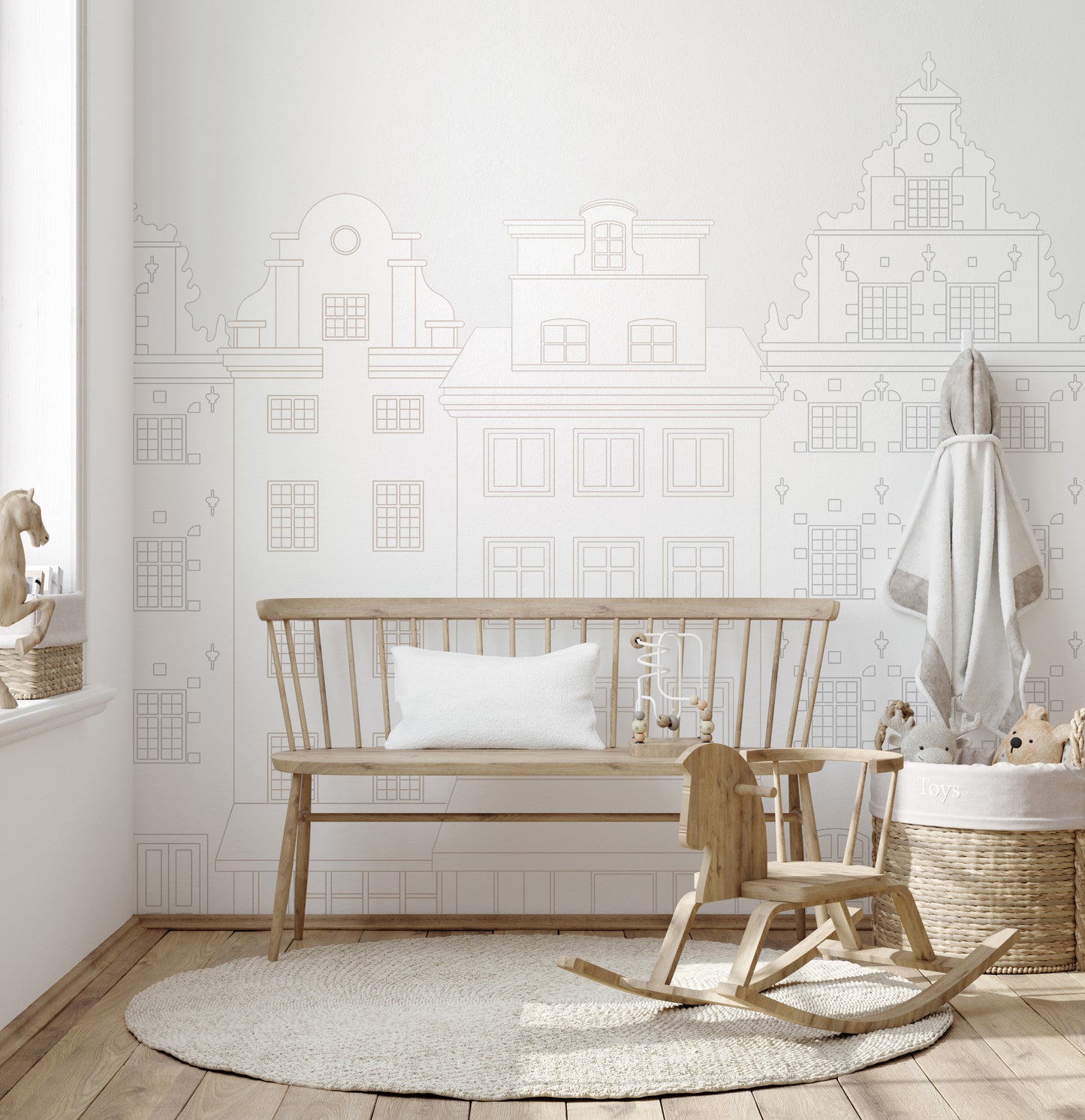 Modern city line wallpaper with elegant townhouse details