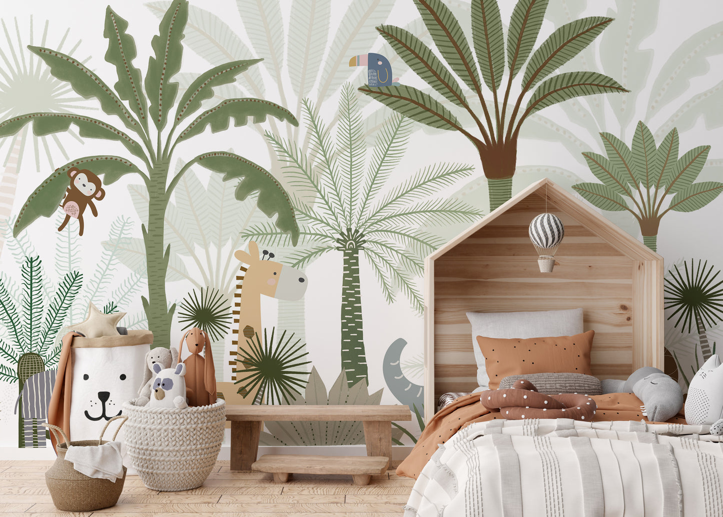 Playful mural with animated animals in a vibrant jungle theme