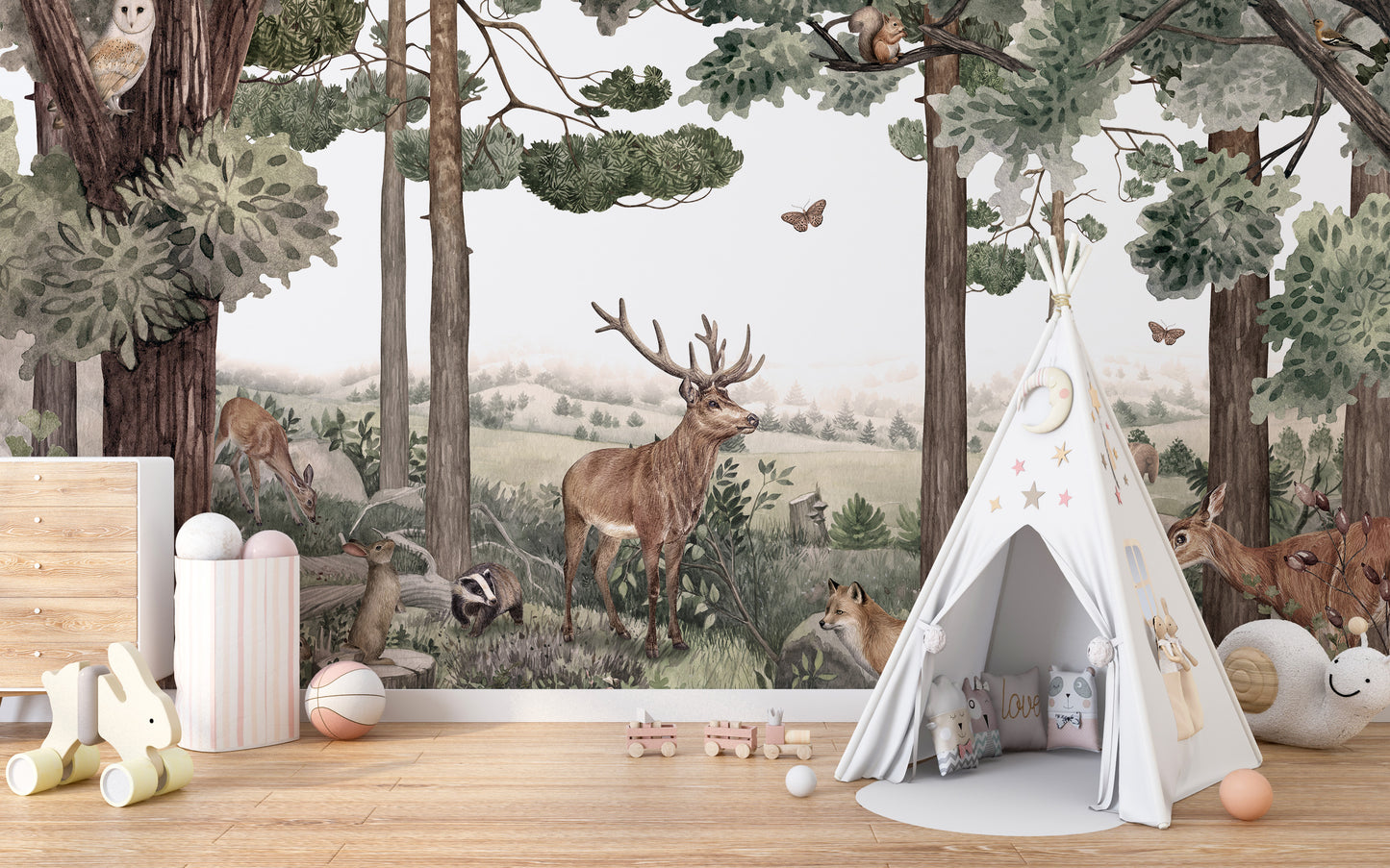 Scenic forest mural highlighting majestic stag and deer.