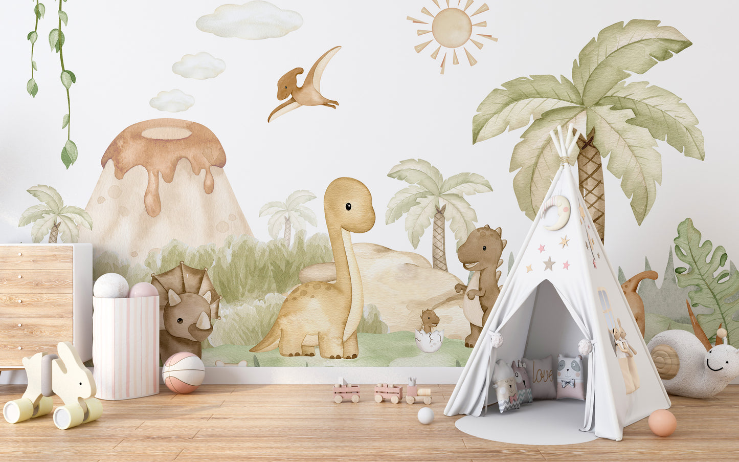 Wall mural showcasing baby dinosaurs in a prehistoric scene
