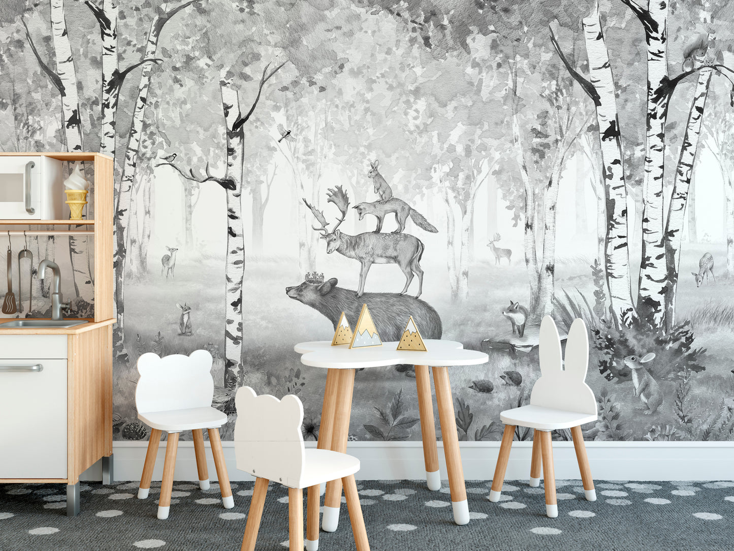 Elegant mural with a black and white forest aesthetic.