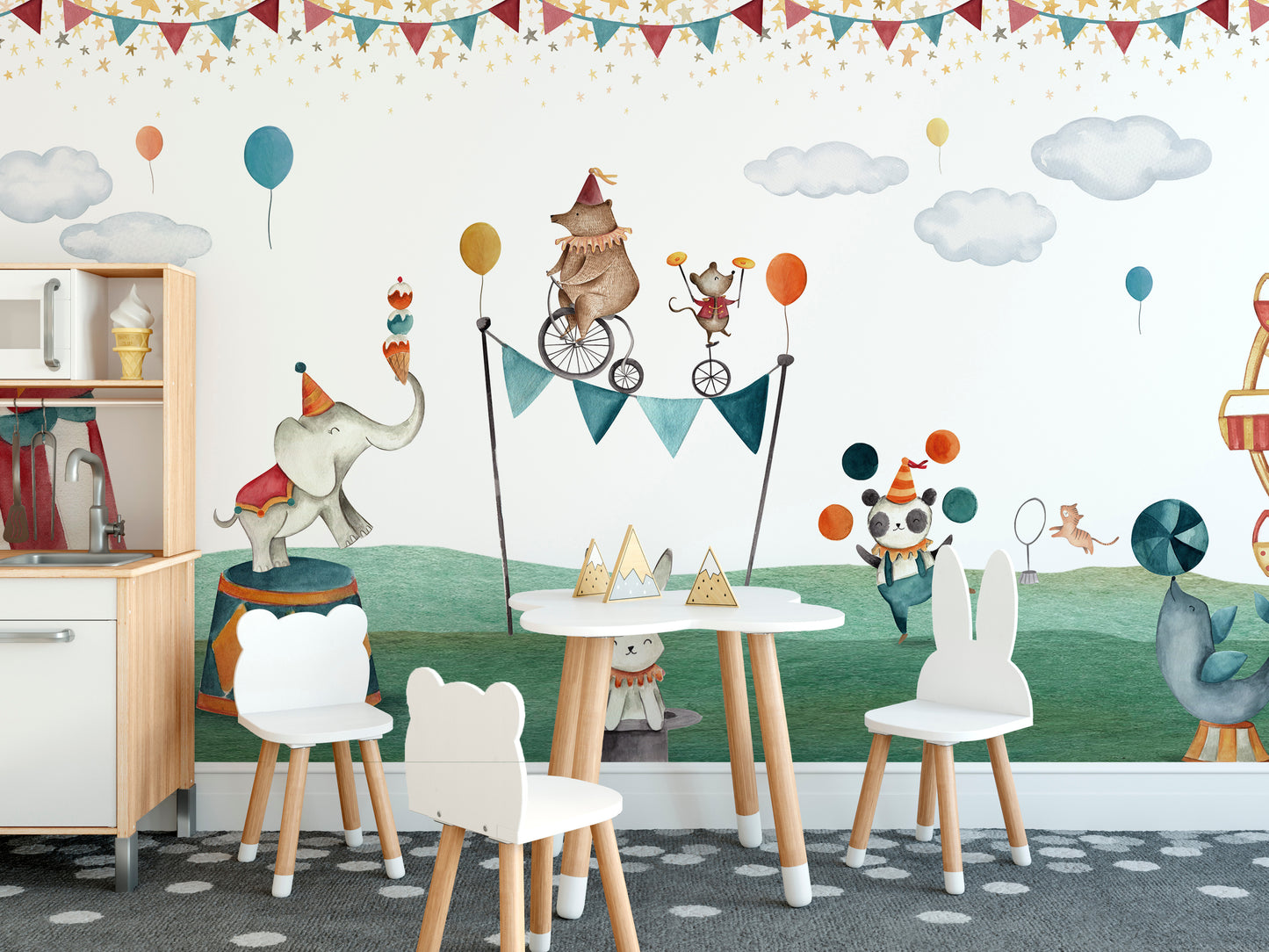 Playful circus mural perfect for a cheerful kids' space.