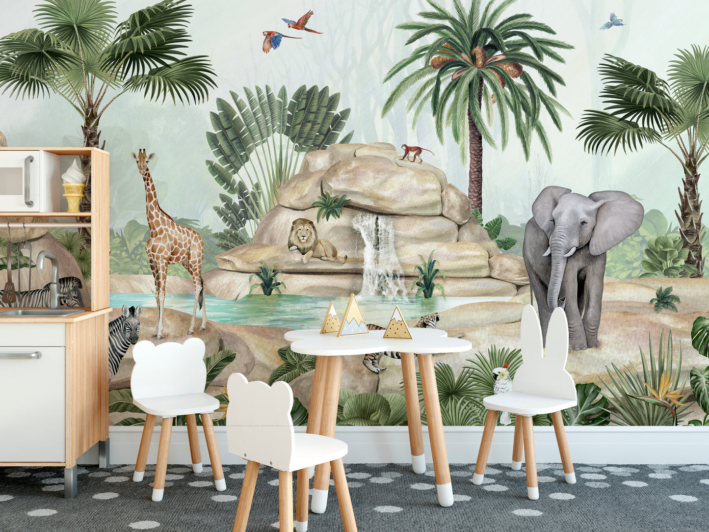Watercolor animals mural perfect for nature-inspired rooms.