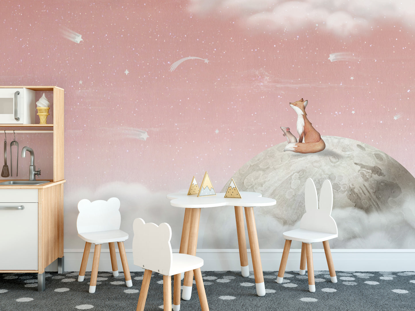 Soothing mural showcasing a fox perched on the moon in pastel pink